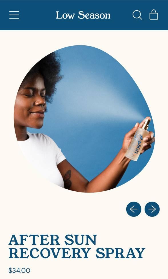 Influencer Work — Low Season After Sun Recovery Spray misted mid-air on the brand's product page