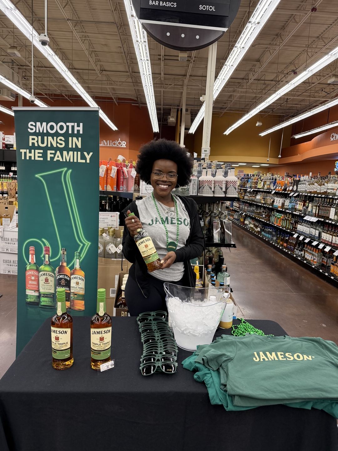 On-Site Activations — Jameson Triple Triple in-store sampling with branded ambassador, banner, and full whiskey lineup