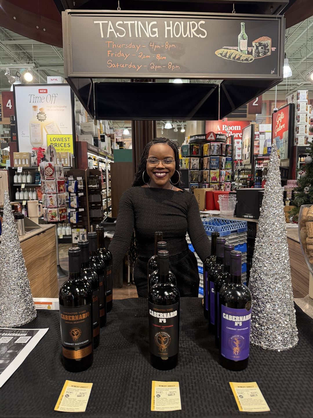 On-Site Activations — Cabernario Cabernet Sauvignon tasting station with branded ambassador and full Nº5, Nº8, and Special Selection lineup